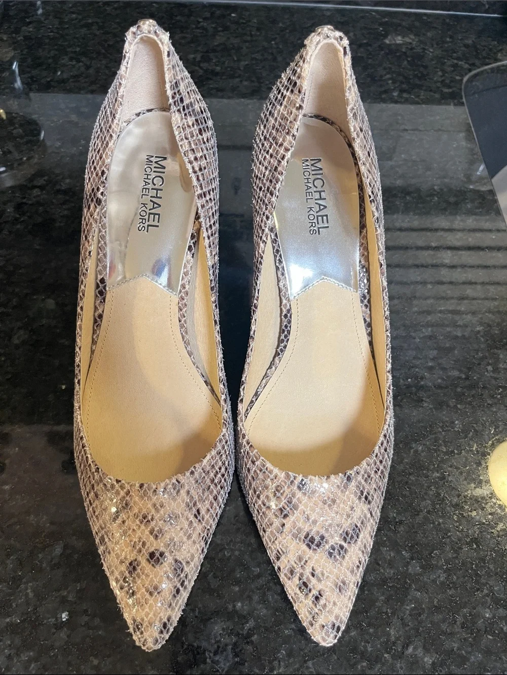 Michael Kors Snake-Print Pointed Toe Pumps in Beige and Brown